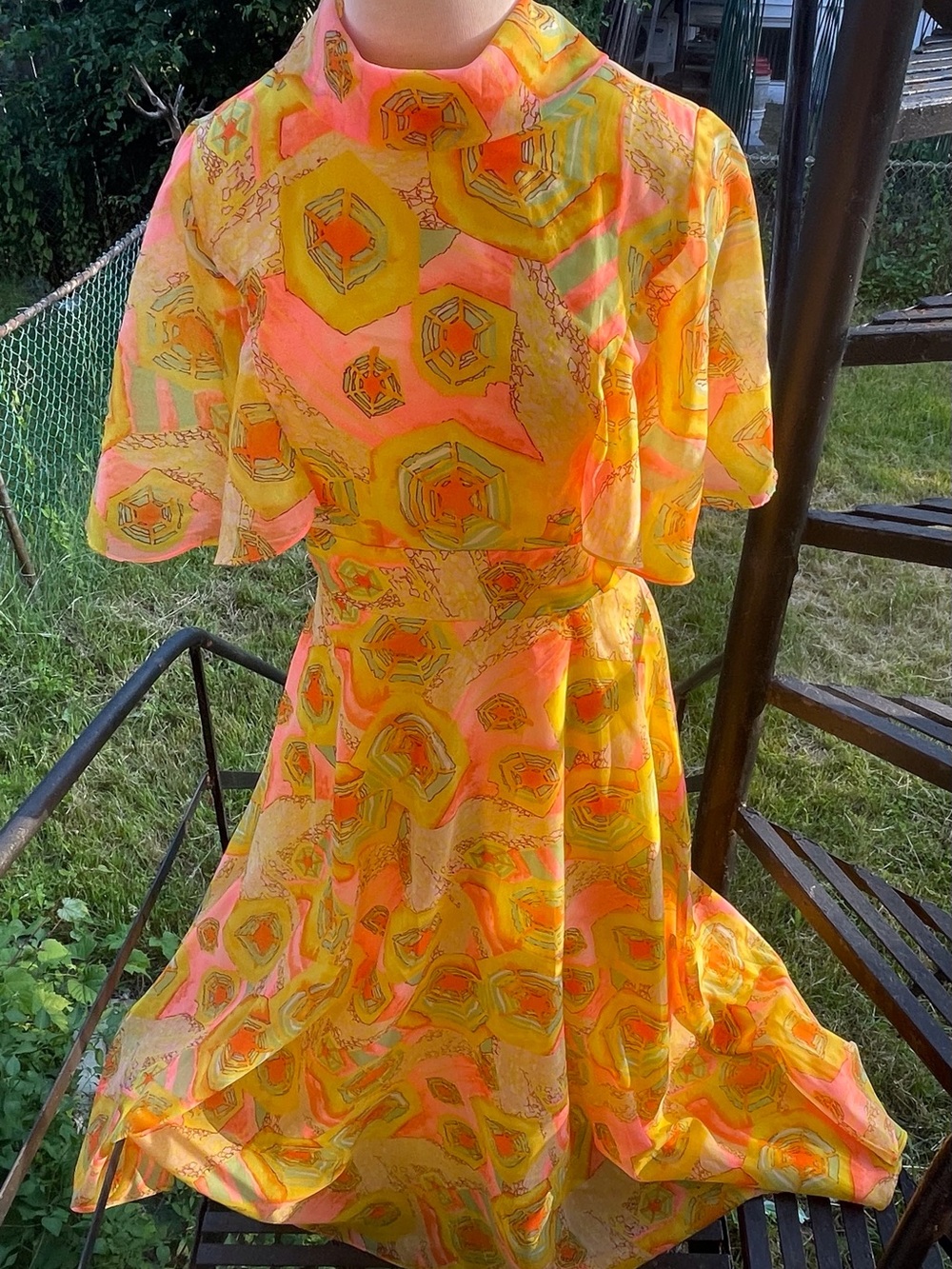 Vintage Geometric Print Dress in Neon Orange & Yellow, Full Swing Skirt, Sz 12.